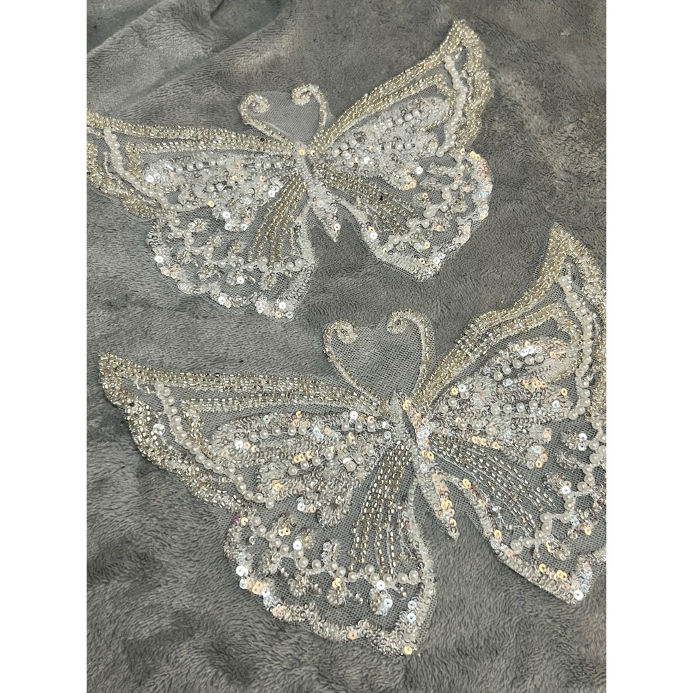 Pair Large Butterfly Appliques Beaded Pearl Sequin Silver Bridal Costume 9"